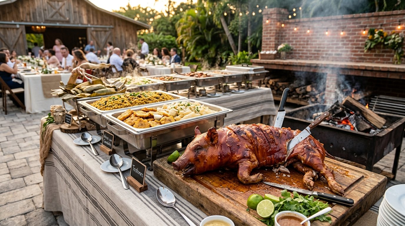 Banquete de catering criollo con lechón asado en Señor Lechón